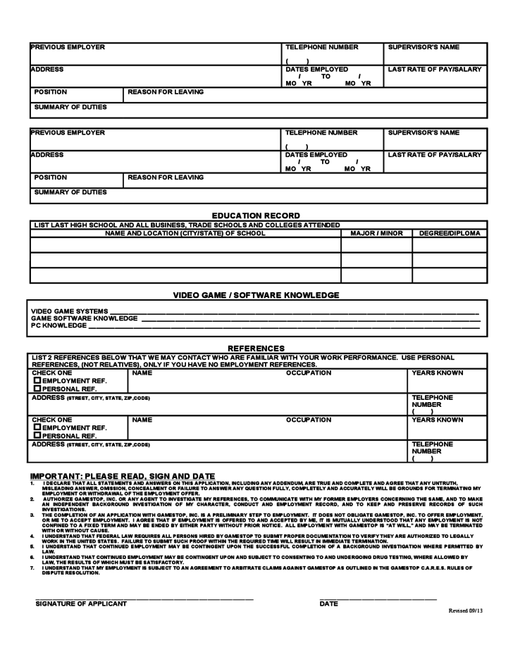 GameStop Job Application Form Free Download